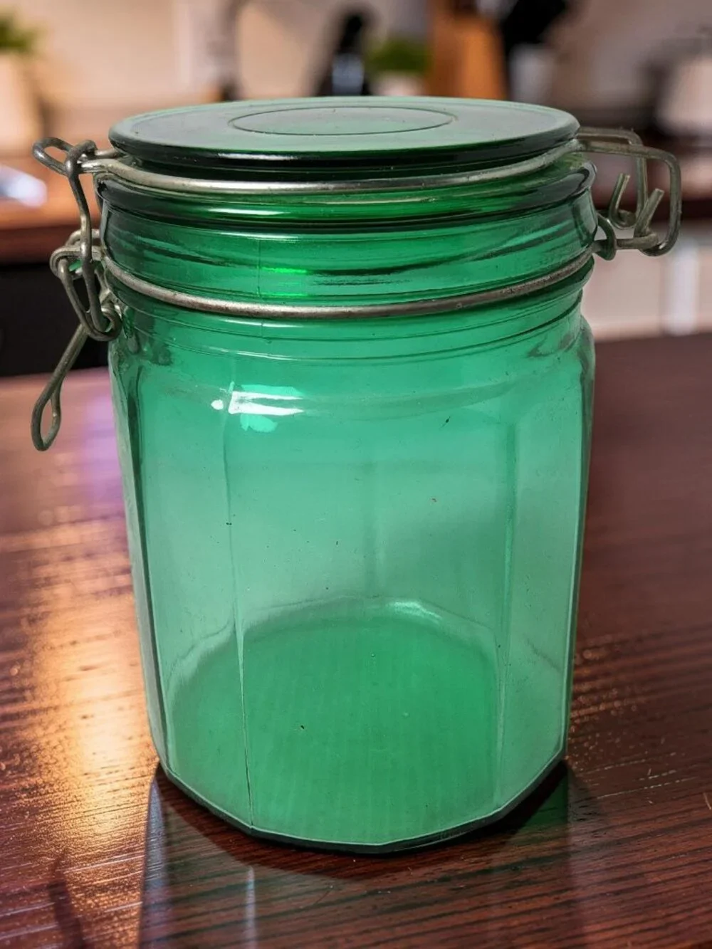 Vintage Juniper Green Paneled Glass Canister Locking Lid Jar